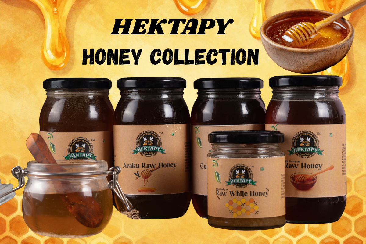 Hektapy Honey Collection - Araku Raw Honey, Coorg Honey and Raw White Honey jars displayed together
