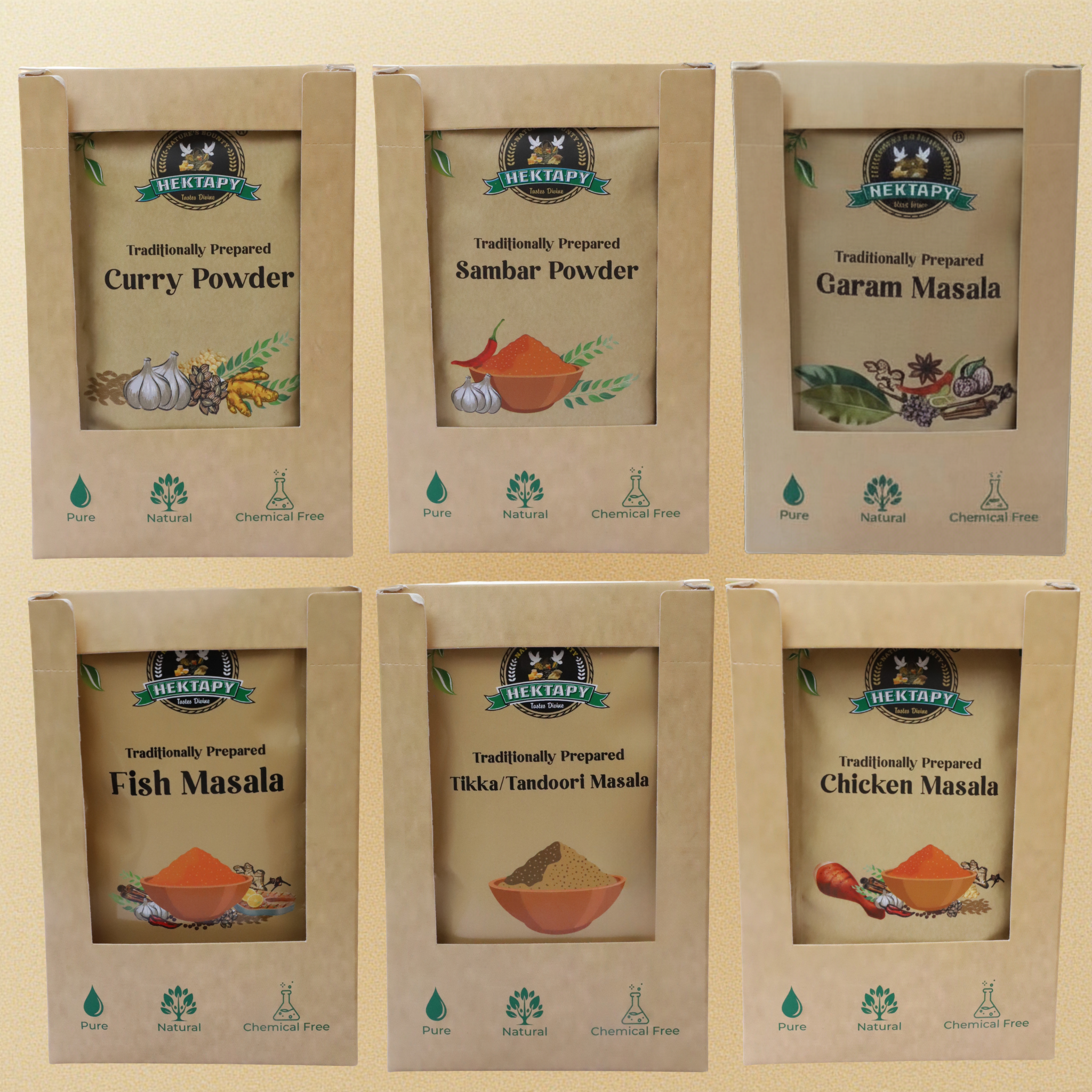 Six boxes of Hektray traditional spices with labels for Curry Powder, Sambar Powder, Garam Masala, Fish Masala, Tikka/Tandoori Masala, and Chicken Masala.